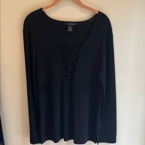 Black Lace-Up V-Neck Long Sleeve Top by Worthington